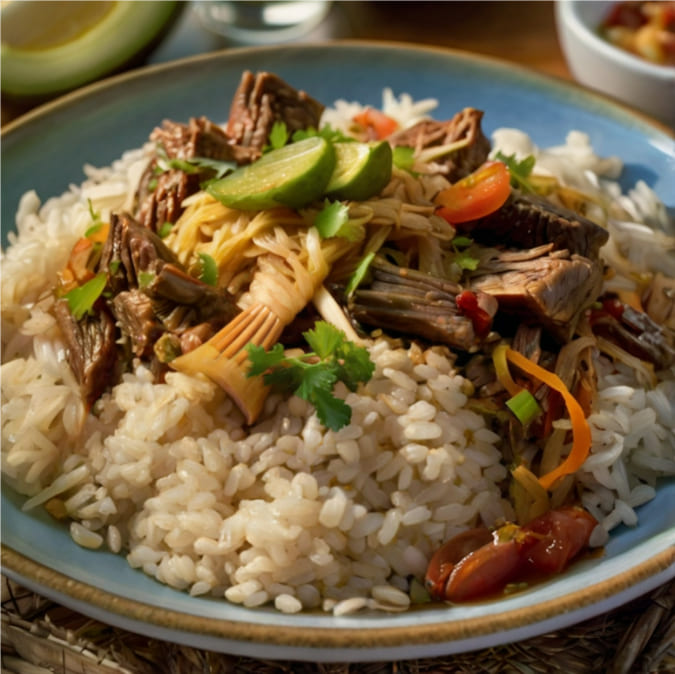 Arroz con carne desmechada