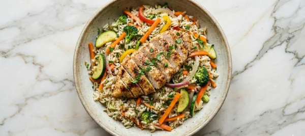 Arroz con vegetales salteados y pechuga de pollo