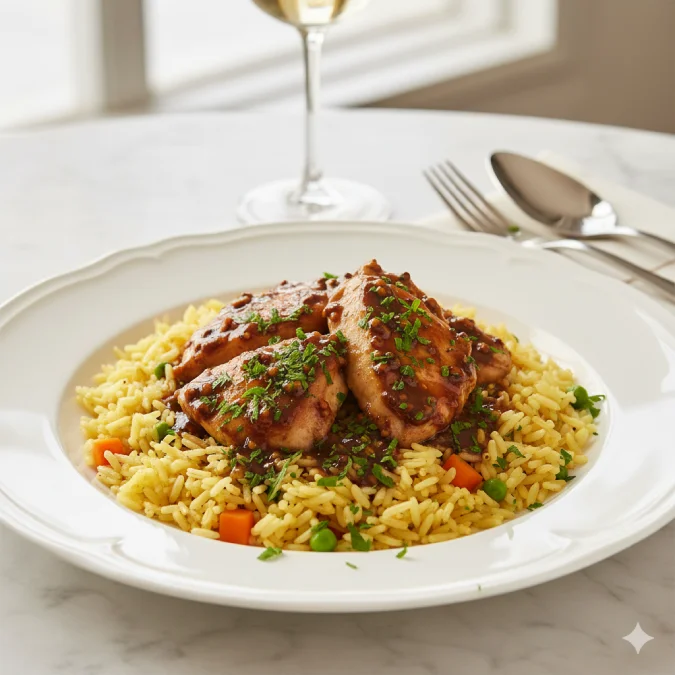 Pollo al vino blanco con arroz